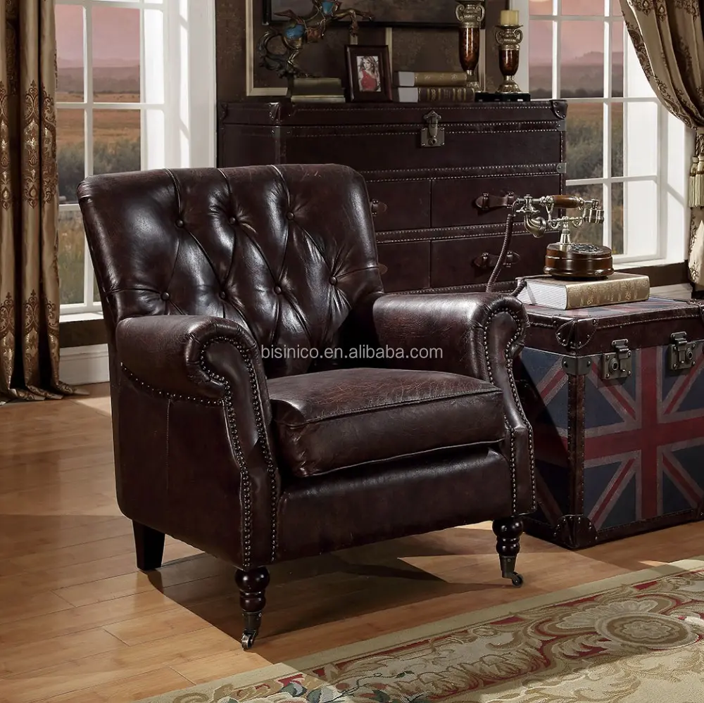 Sofá clásico de cuero auténtico, réplica italiana, sillón de cuero americano Chesterfield