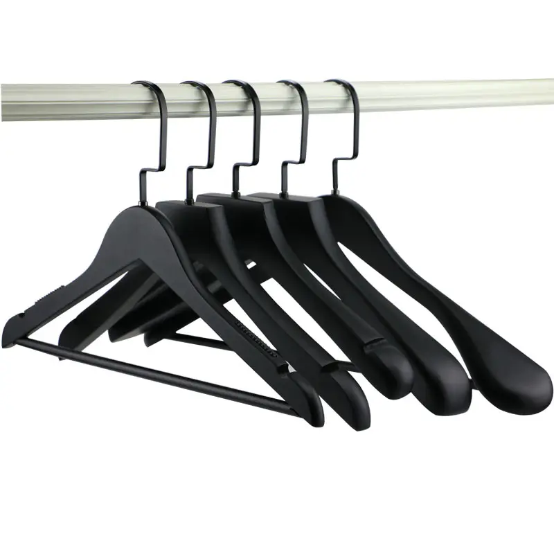Luxury brand clothes store black rubberized wide shoulder wood coat hangers for display with pvc tube bar