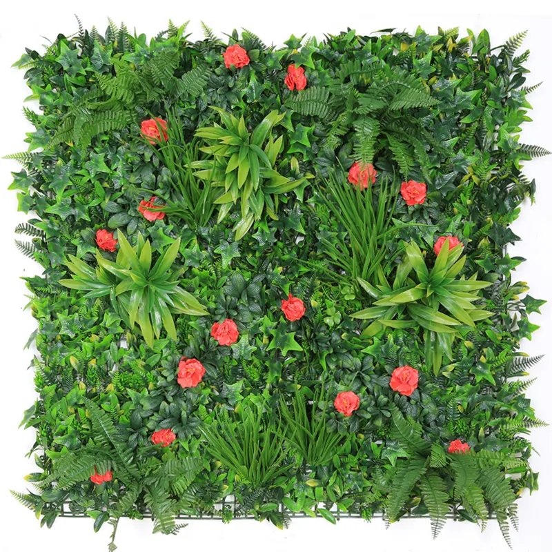 Promocional 100X100cm de interior al aire libre de follaje pared artificial planta con flores para la decoración de la casa