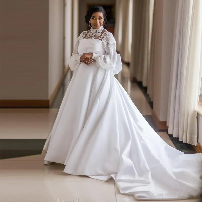 Arabia Saudita Abito Da Sposa di Alta Collare del Manicotto Del Chiarore Grande Legame di Arco Africa Abito Da Sposa Della Principessa Abito Da Sposa