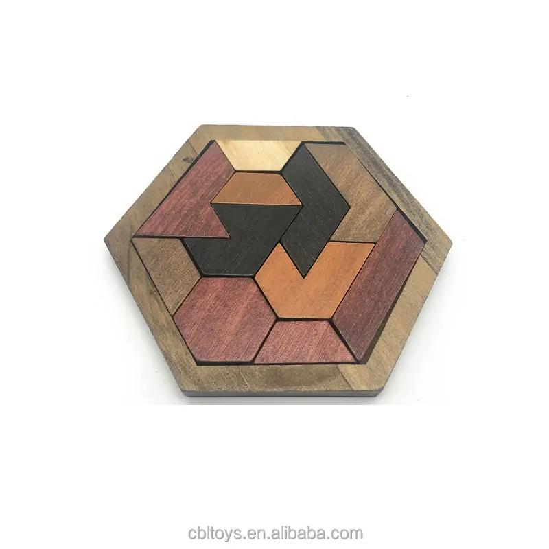 Educational wooden hexagon tangram puzzles classic handmade kids brain teaser puzzle gift CBL4009