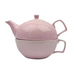 2合1粉色釉面陶瓷茶壶杯具压花粗陶茶壶套装 - Product Image 2