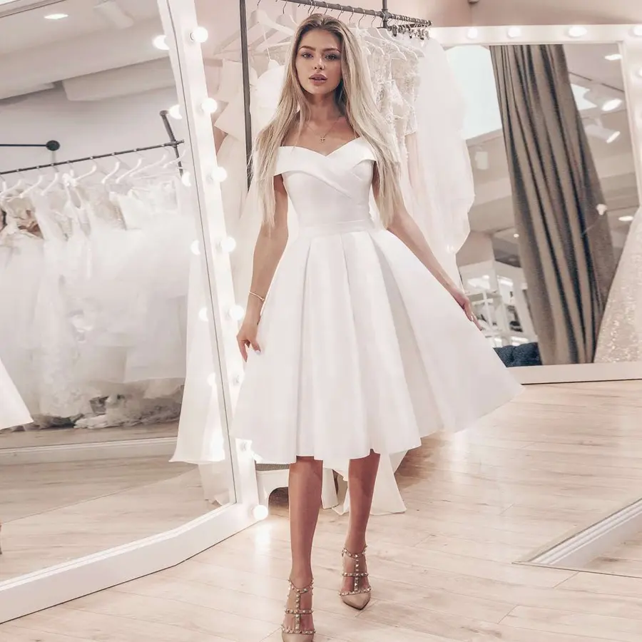 فستان زفاف أبيض نقي كاجوال للشاطئ بطول الركبة فستان زفاف بسيط قصير من طراز ازمير