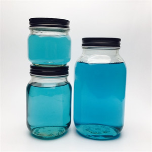 250ml 500ml 750ml 1000ml square Food Safe Empty Glass Mason Jar Wide Mouth Jar With Straw and Lids