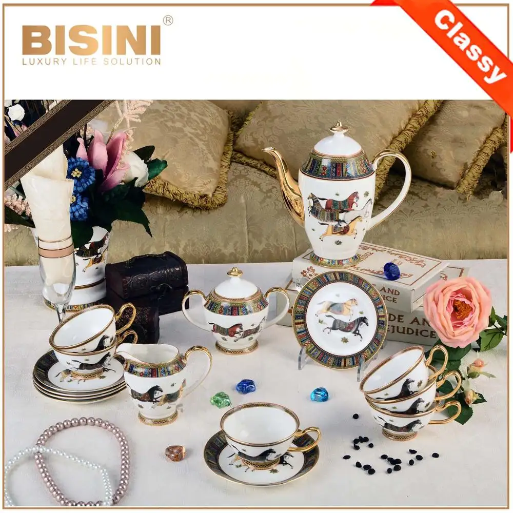Juego de té de cerámica con diseño de caballo delicado, 15 piezas, juego de té de porcelana de hueso con tetera