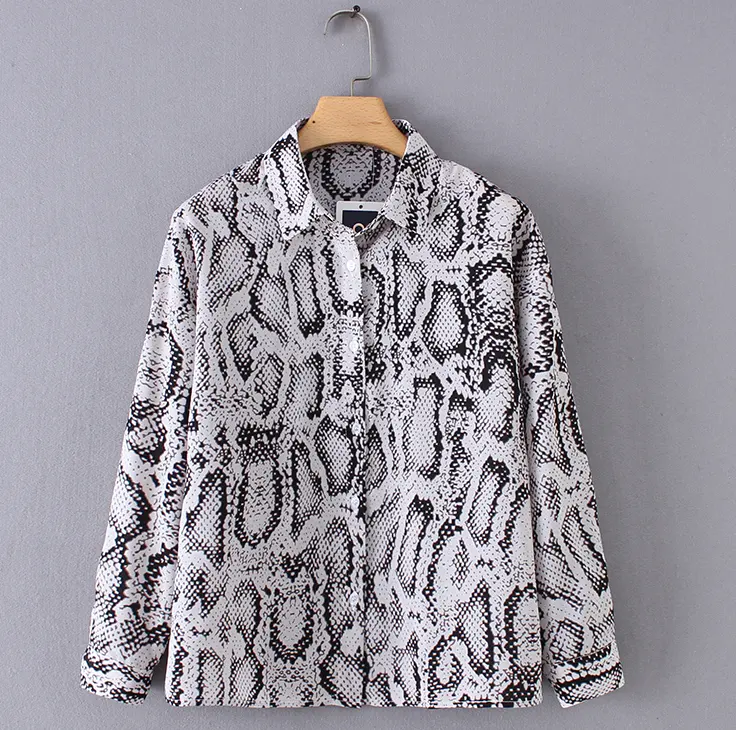 Turn down collar long sleeve ladies casual shirts fashion snake animal print blouse