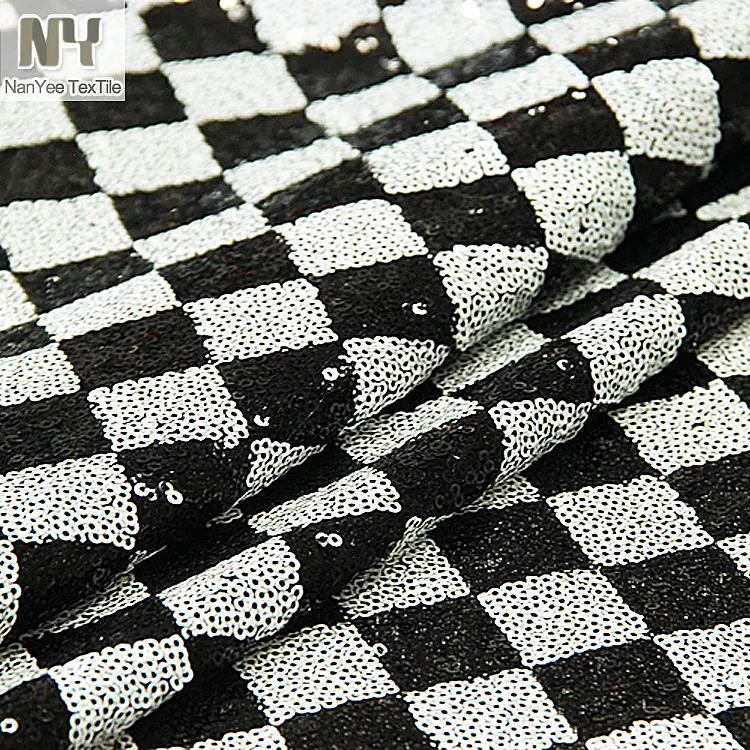 Nanyee Tessuto 3mm Sequin Arrivo Modello in Bianco E Nero Con Paillettes Tessuto