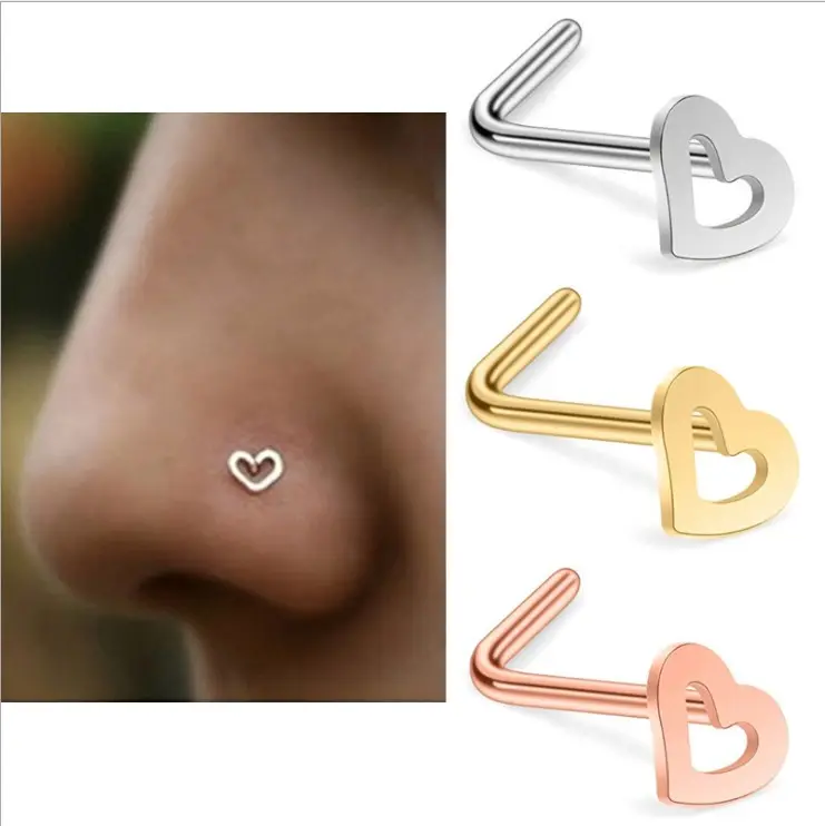 Anillo Piercing para la nariz con forma de L y corazón, joyería corporal, muestra gratis, venta al por mayor