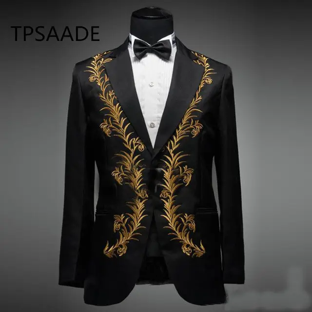 Siyah işlemeli çentikli yaka damat smokin balo Slim Fit erkek takım elbise WPY043