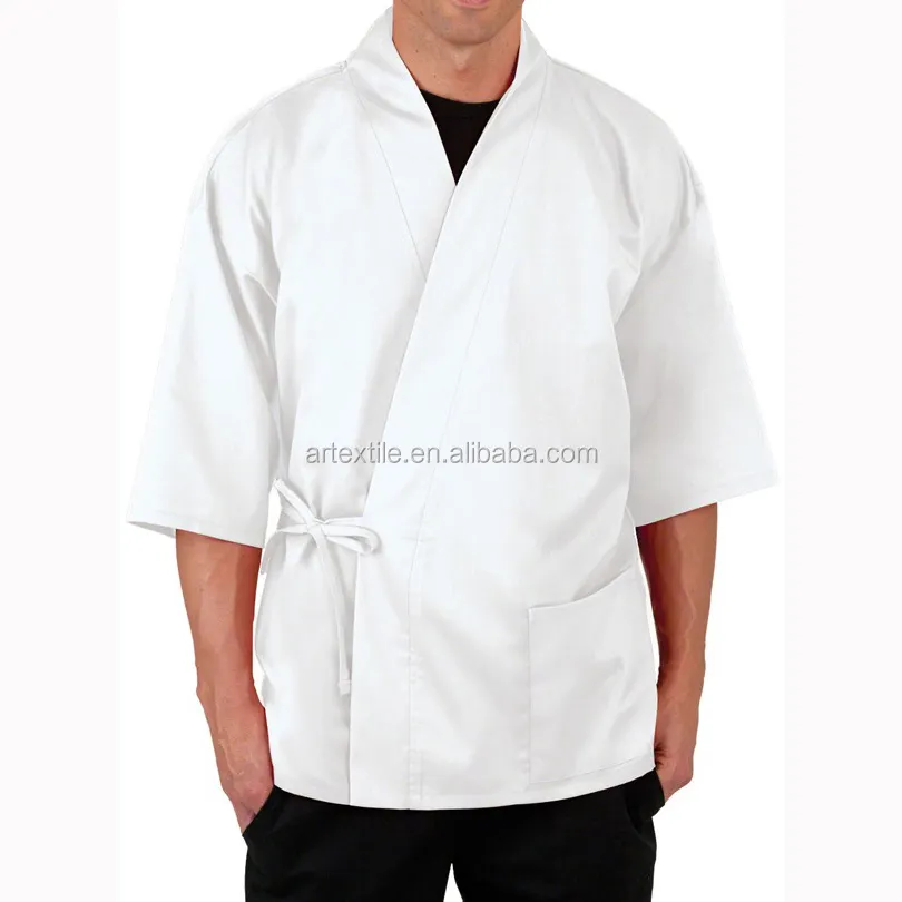 Qualità Hotsell poliestere cotone saia tessuto bianco Sushi Chef uniforme e giacca per uso ristorante