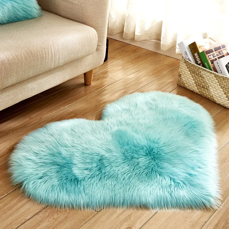 Fluffy Faux Sheepskin Area Rug Heart Design Super Soft Kids Play Mat Cute Girls Runner Baby Cot Rug Shaggy Floor Carpet