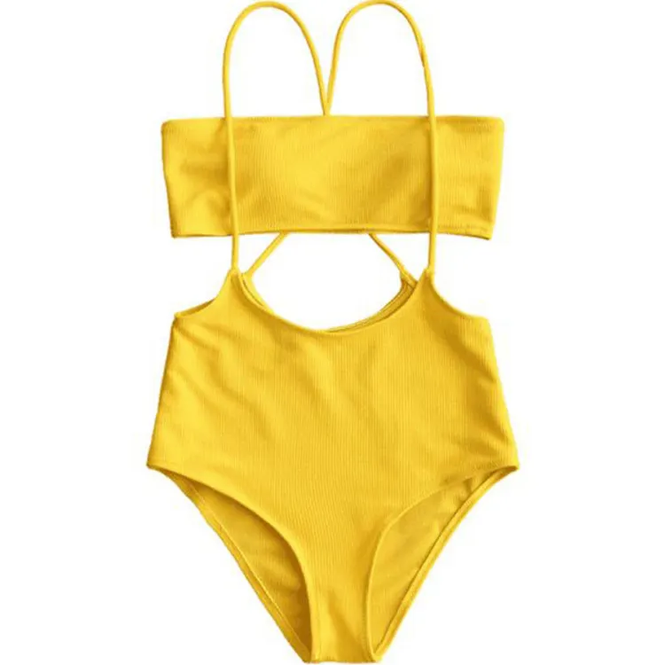 Bañador amarillo y azul de una pieza para mujer, traje de baño brillante, bikini sexy de una pieza