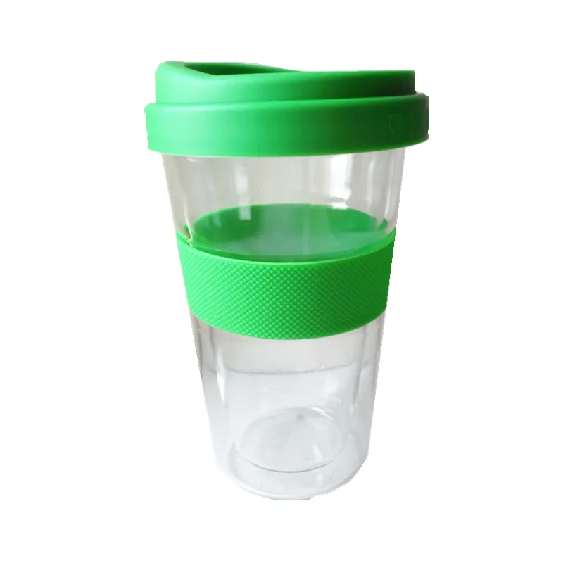 Lekvrij eco koffie double wall coffee cup, glas mok met deksel en grip van siliconen