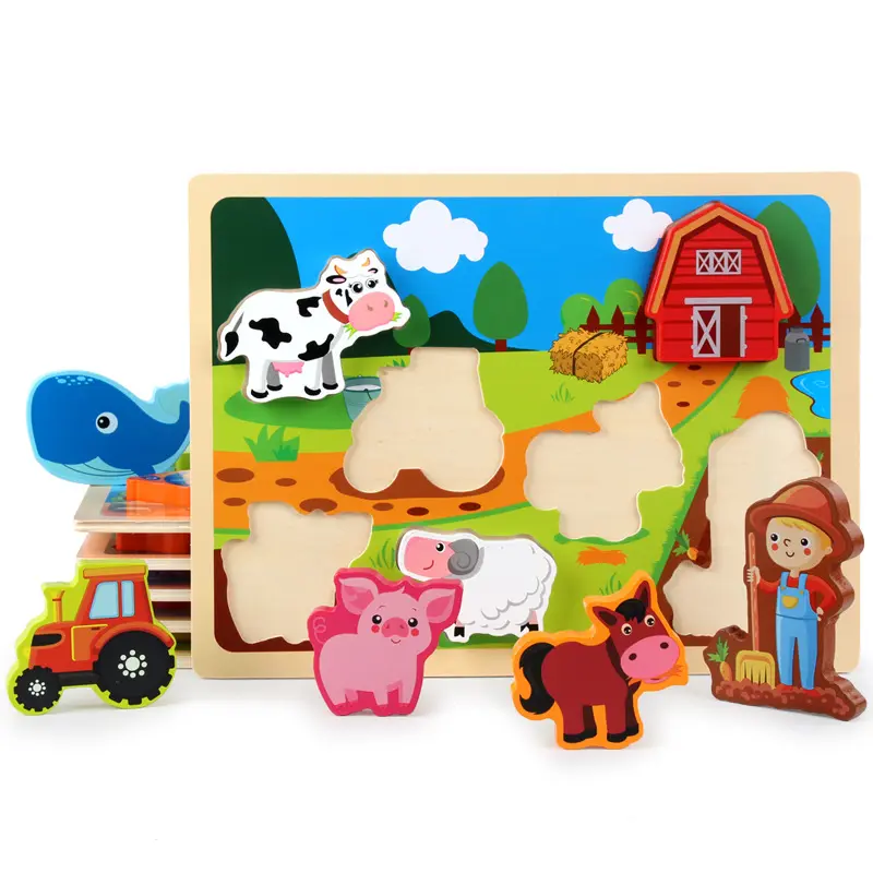 Bambini 3d in legno animal farm puzzle cartoon fruit traffic shape matching toys bambini cognitivi educativi jigsaw games