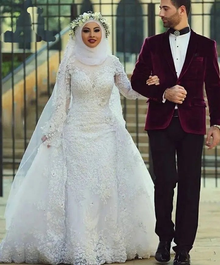 Heiße Schöne Weiß Arabischen Langarm Muslimischen Spitze Hochzeit Kleid Für Frauen