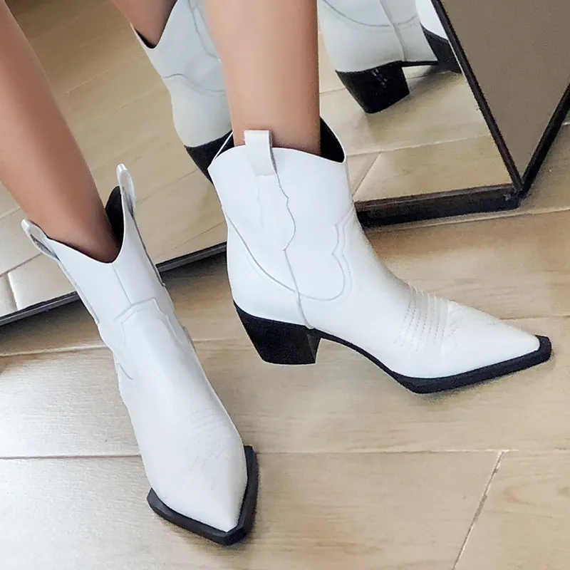 WETKISS 2019 Autumn Winter Ladies Shoes Block Heel Boots Women Shoes White Western Boots Cowboy Leather Boots