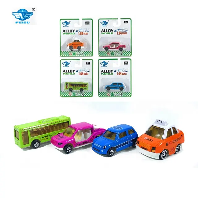 Venta al por mayor 1: 64 estilo de dibujos animados de fundición de metal coche de juguete para niños de juguete camiones taxi autobús fundición modelo de coche