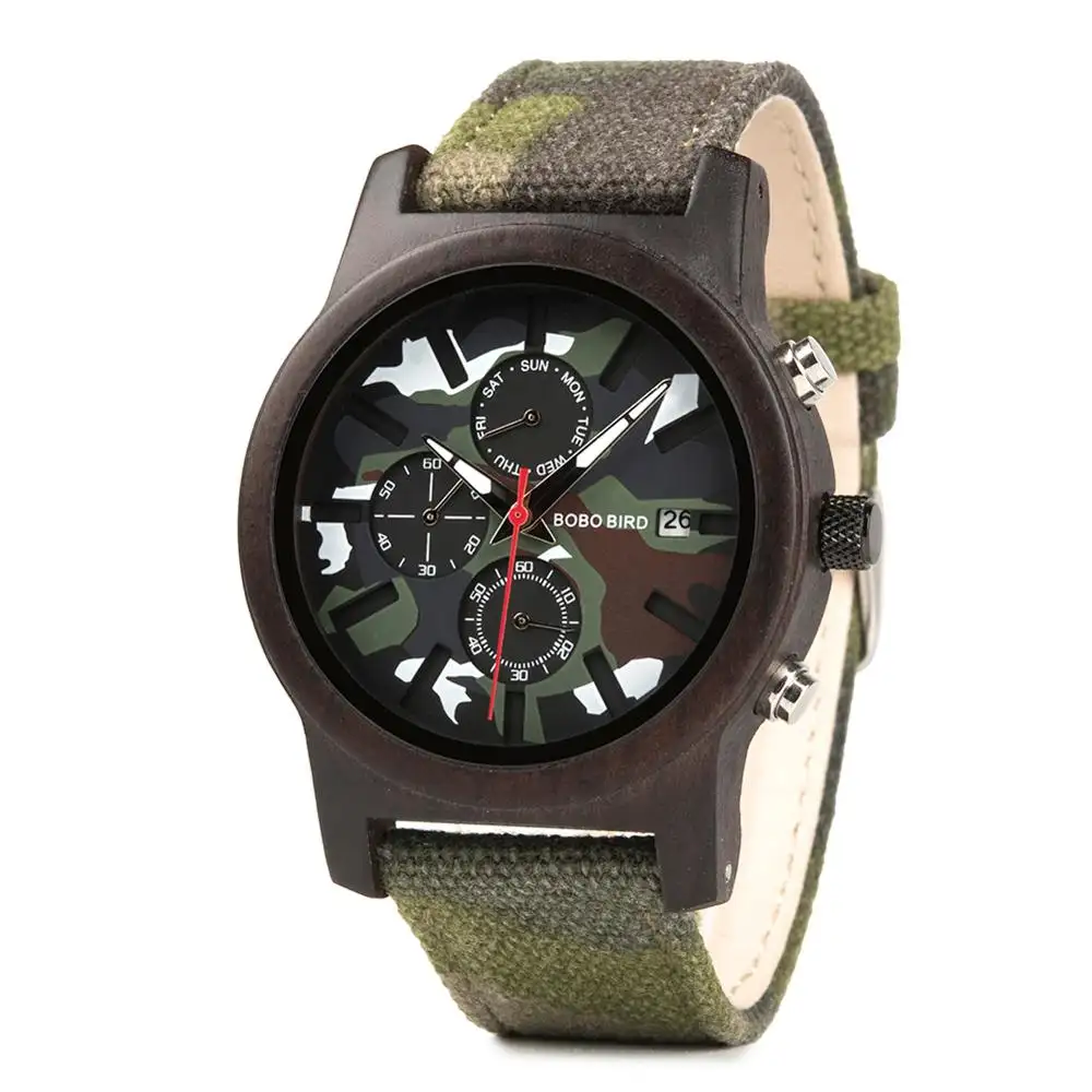 BOBO BIRD – montre en bois de couleur camouflage pour homme, sport, élégant, avec tissu, en cuir, 2019