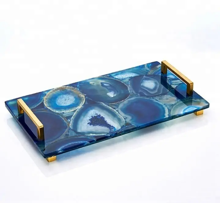 Plateau à poignées en verre d'agate bleue, pour décoration de table moderne, 1 pièce, plateau de service en fer doré