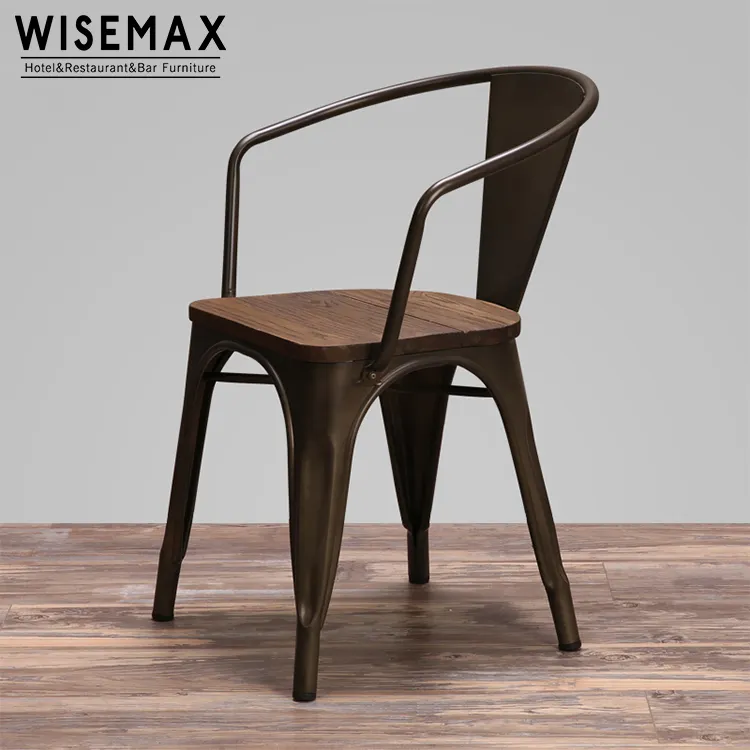 Silla de comedor de estilo francés de diseño industrial vintage, reposabrazos, cepillo, sillas de metal para cafetería con asiento de madera maciza, uso para cafetería