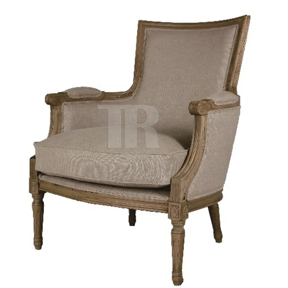 Sofá francés con marco de madera natural, asiento tapizado de tela clásica para dormitorio, individual