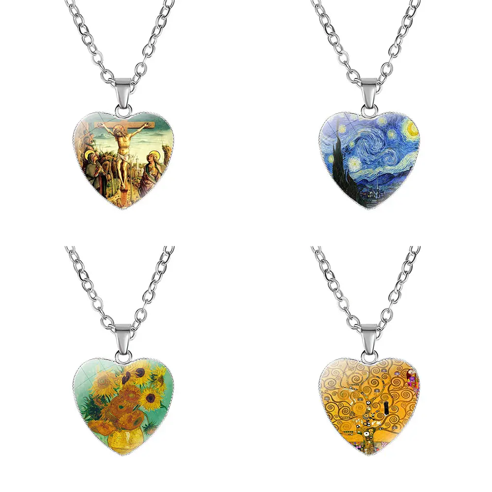 Модные ювелирные изделия с изображением подсолнухов, кулоны в форме сердца с художественным принтом, цепочка серебряного цвета, кулон, ожерелье для женщин