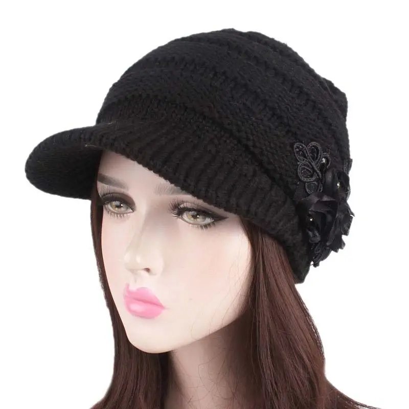 Mulheres Inverno Lã Quente Malha Chapéus Slouchy Beanie Cap Chapéu com Viseira