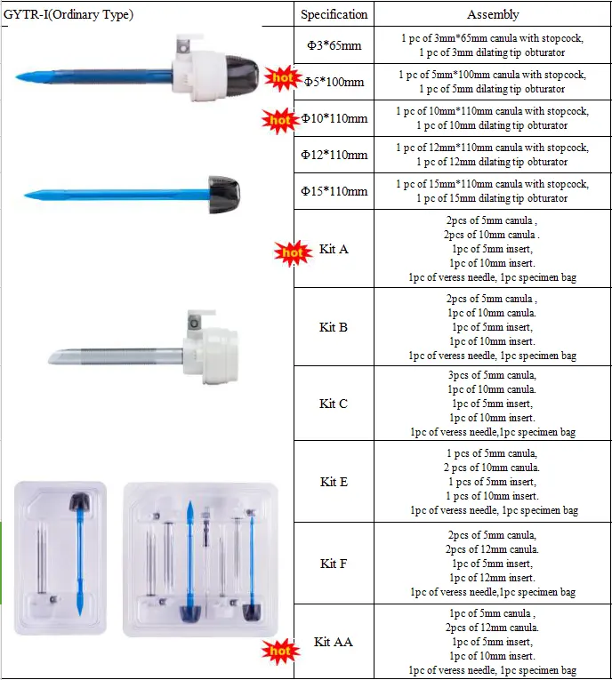 Kit de laparoscópio descartável, ponta de segurança, kit de trocarros cirúrgicos