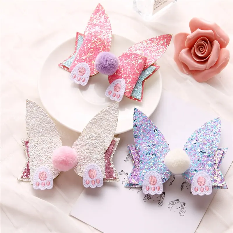 Cute Glitter leather Easter Bunny Ear Children Hairpin for kids Hair accessories