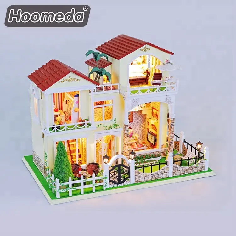 Hongda บ้านตุ๊กตาไม้ขนาดเล็กสำหรับเด็กพร้อมฝากันฝุ่น