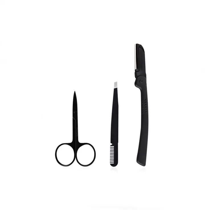 3 stks black brow shaping gereedschap wenkbrauw scheerapparaat hair remover trimmer set, roestvrijstalen pincet met kam, schaar, scheerapparaten