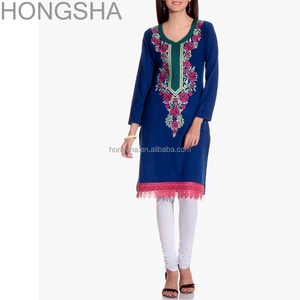 最新 Kurti 刺绣脖子设计蓝色设计师花式 Kurti HSD1355 - Product Image 1
