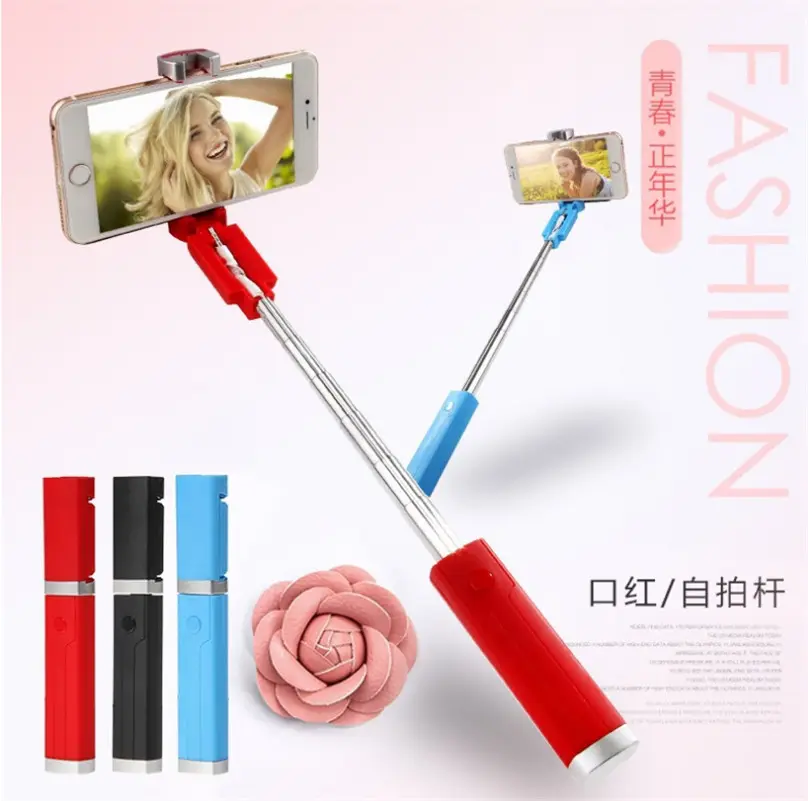 3.5mm jack Rouge rossetto Design Mini Selfie Stick monopiede Wired line control per iPhone Samsung Xiaomi monopiede estensibile