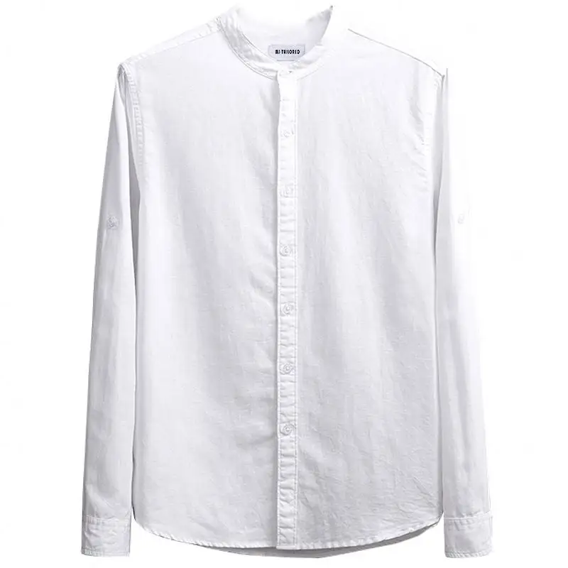 NOVA MODA GOLA MANDARIM DOS HOMENS BAIXO MOQ SÓLIDO BRANCO CAMISA DE CÂNHAMO