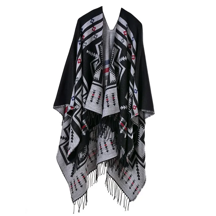 Großhandel lange Frauen modische Retro-Stil Vintage Muster Quaste Poncho Pashmina Schals Cape