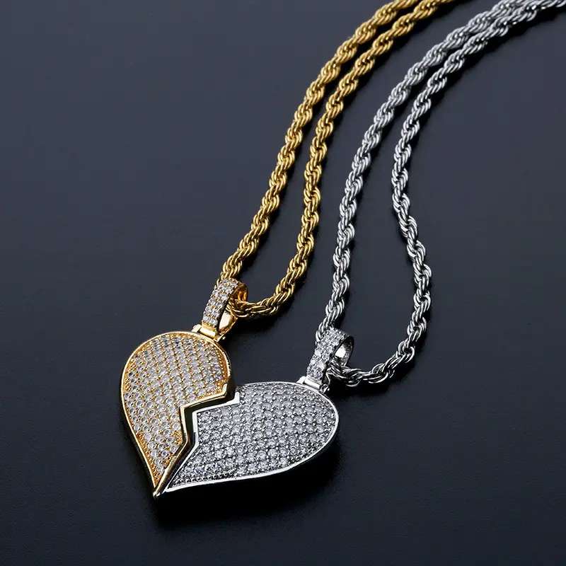 DIY Hiphop Zircon Broken Heart Removable Solid Couple Pendant Necklace