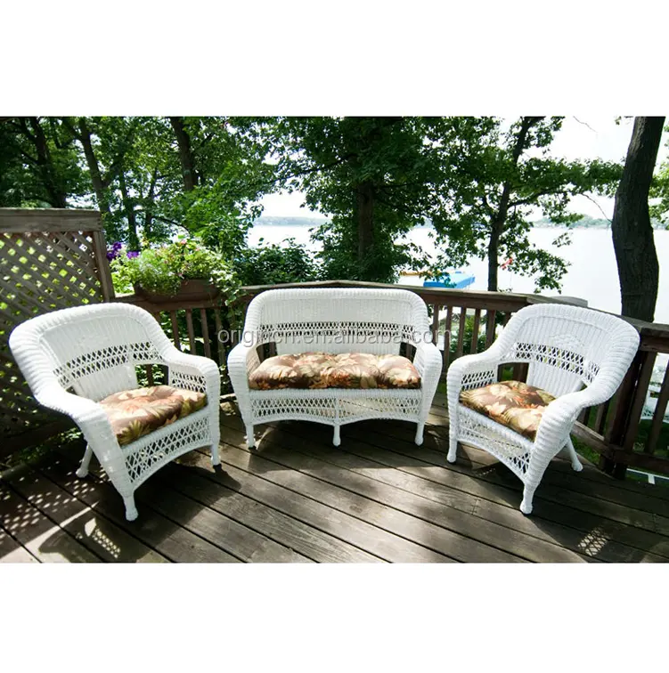 Mediterranean Beach Style White Wicker Outdoor Furniture Conversation Terrace Rattan Sofa Chairs Set