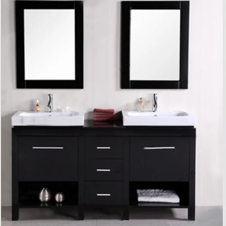 Cổ Điển Màu Đen Bằng Gỗ Đôi Bồn Rửa Đóng Khung Gương Lớn Lưu Trữ Ngăn Kéo Mdf Vanity Tủ Phòng Tắm Cho Biệt Thự