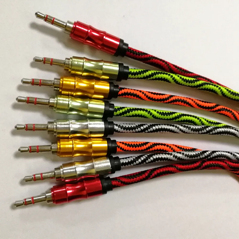 Cabos de transferência de vídeo e áudio estéreo, cabos coloridos de náilon trançados de 3.5mm aux