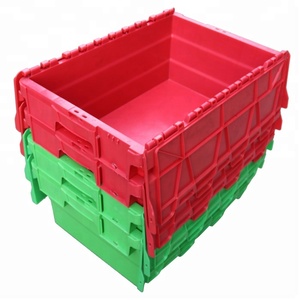 QS 60L Plastic Moving <strong>Crate</strong> <strong>Nested</strong> <strong>Stack</strong> Boxes Turnover Plastic Bin Plastic Tote Boxes with Hinged Lids for Warehouse Transport