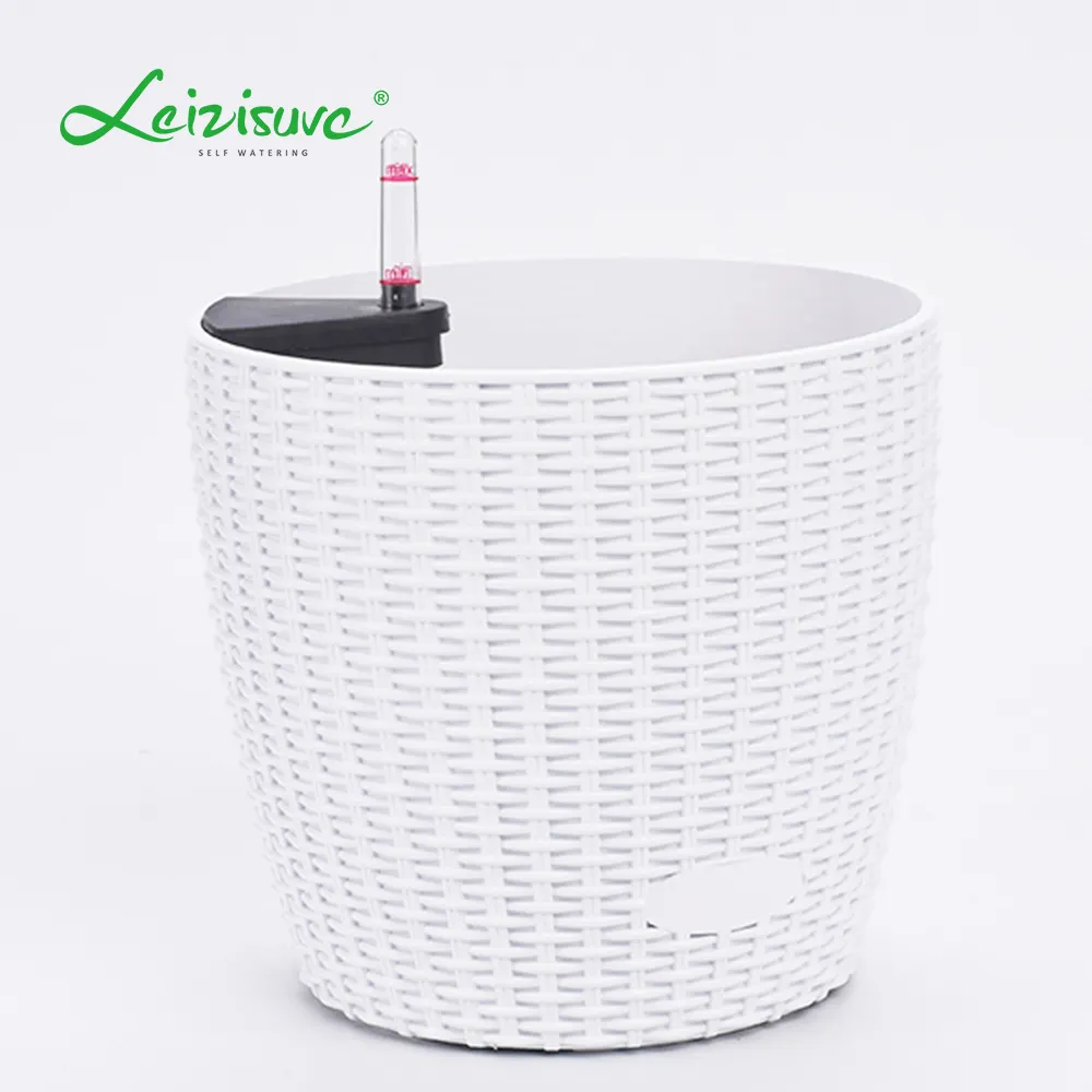 Leizisure Vaso de flores de vime de plástico com superfície de vime redondo branco exclusivo para uso interno/externo em pisos de jardim