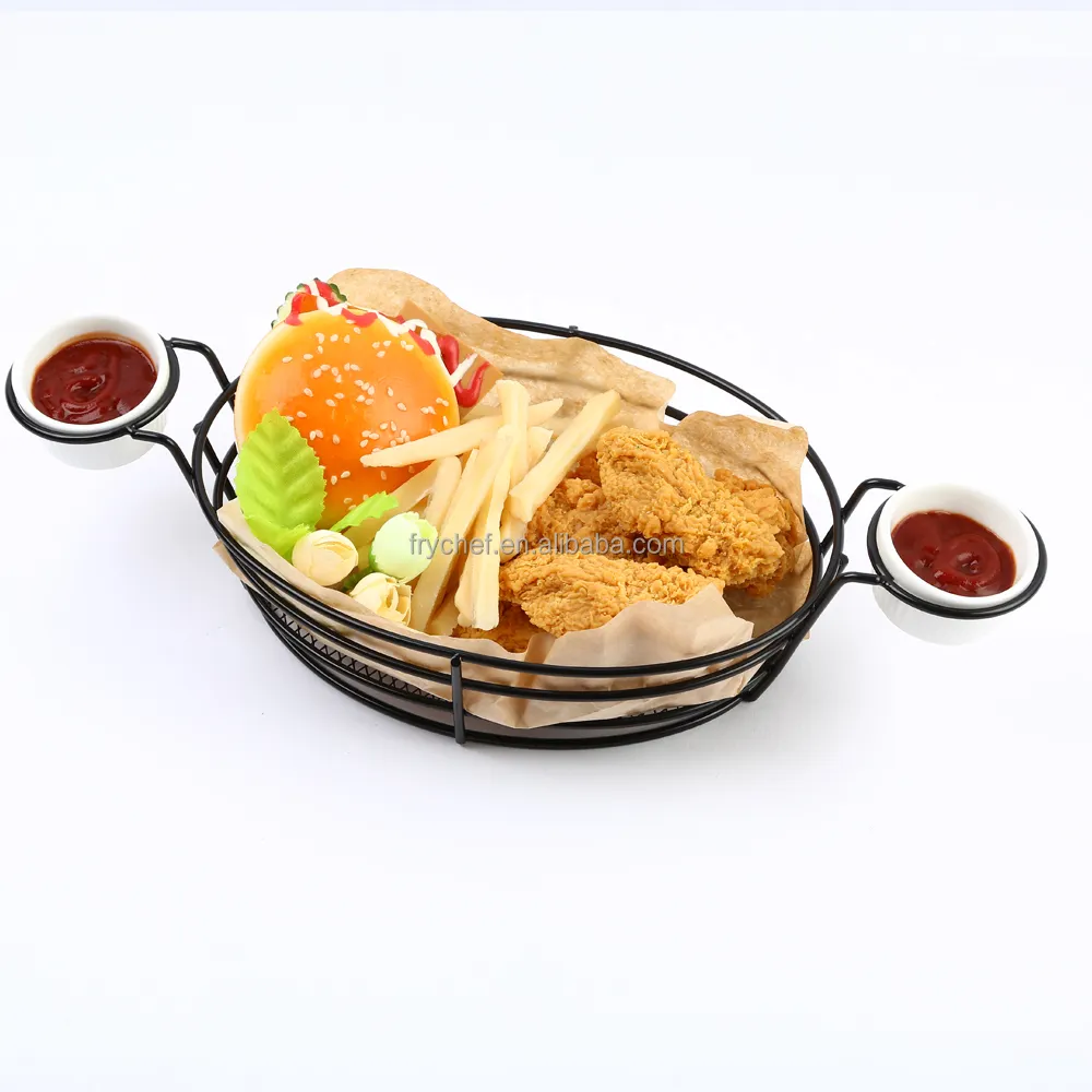 Black Metal french fry serving basket, iron wire bread basket, bread chip serving tray with two porcelain dipping cups