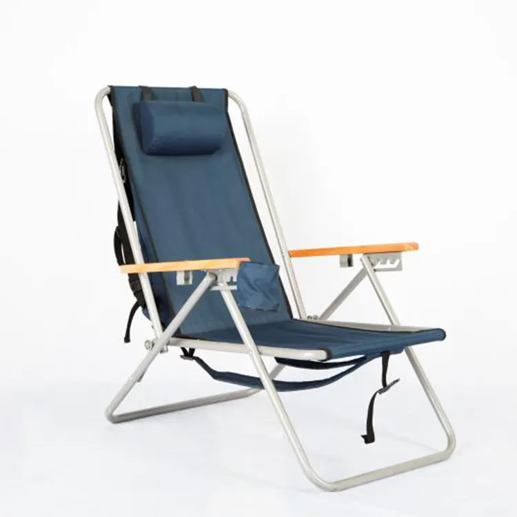 outdoor Portable wooden armrest camping folding high back beach chair with storage pouch