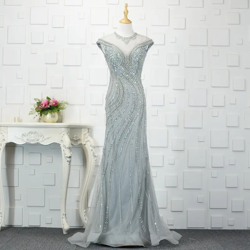 Vestido de noche largo con cuentas plateadas y doradas para mujer, con diamantes de imitación, diseño italiano, hecho a medida, 2019
