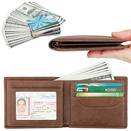 Мужской стильный бумажник двойного сложения из натуральной кожи с блокировкой RFID и 2 отделениями для удостоверения личности
