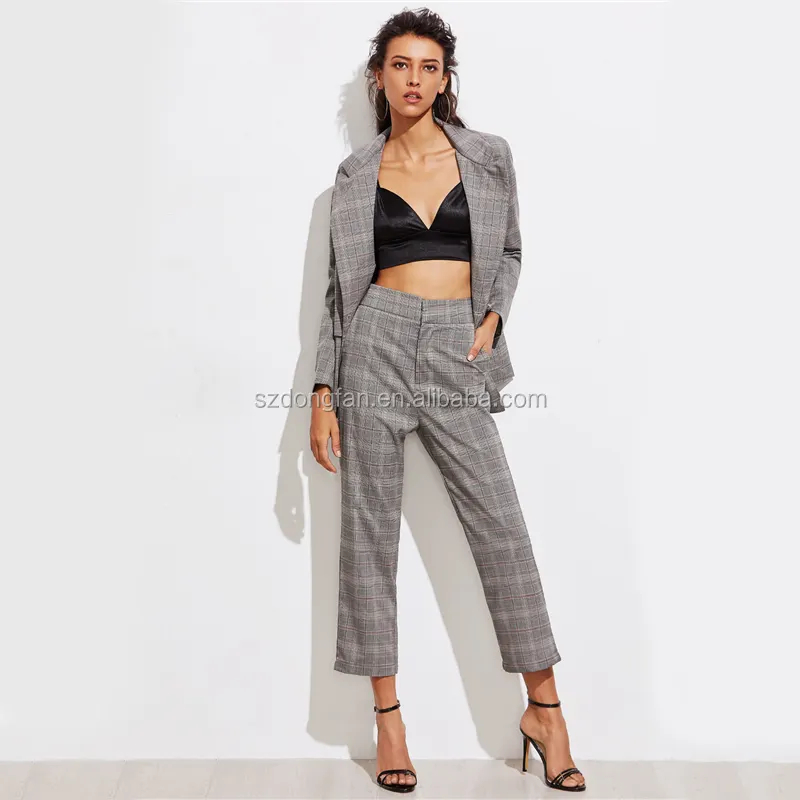 Chaqueta de tela escocesa gris con doble botonadura, traje informal de solapa de muesca, ropa de trabajo, Traje + pantalones para mujer 2018