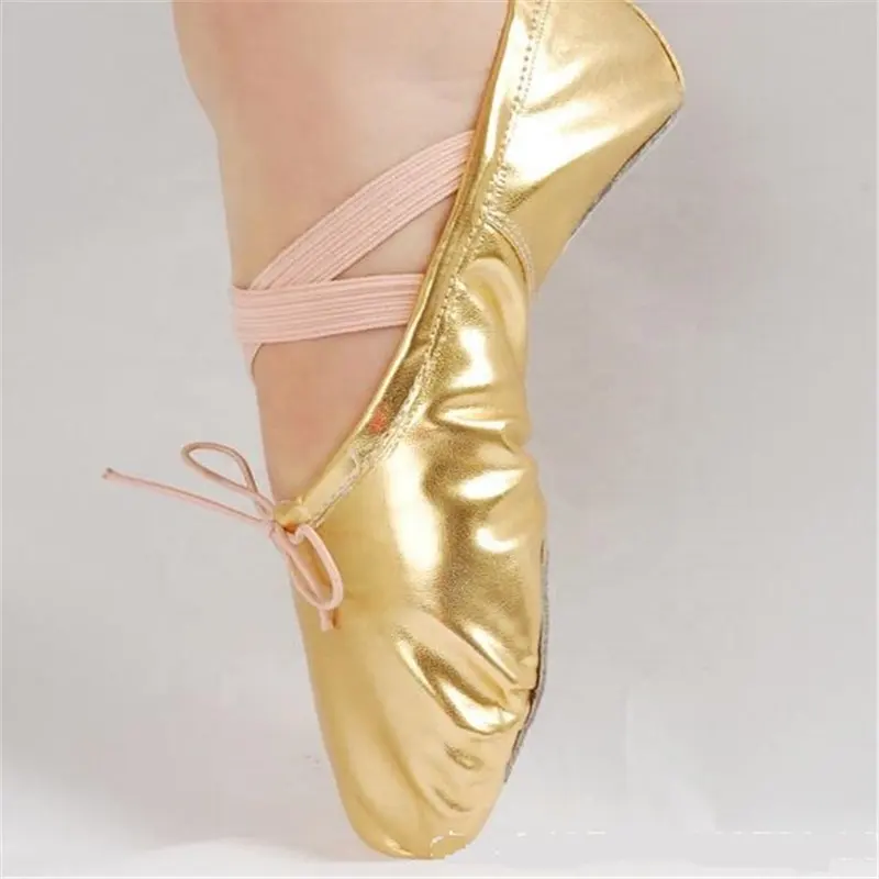 Sapatilhas femininas de bailarina profissional, sapatos dourados e prateados para bailarina