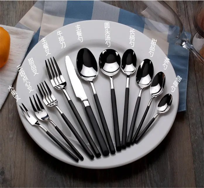 Besteck-Juego de cubiertos de plata y negro, cuchillo, tenedor, cuchara, acero inoxidable 304
