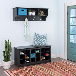 מכירה לוהטת Mdf חומר לבן עץ תליית כניסה קיר מדף עם ווי קיר הר בגדי ווים