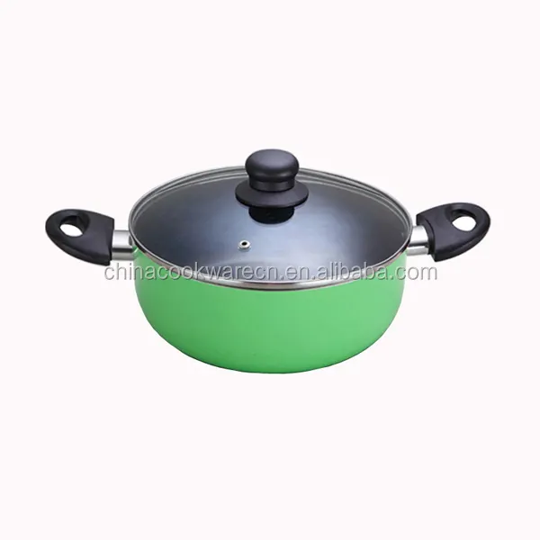 Cazuela verde económica resistente al calor de alta capacidad, con tapa de vidrio, saludable, 16cm a 34cm, olla antiadherente con libre de PFOA